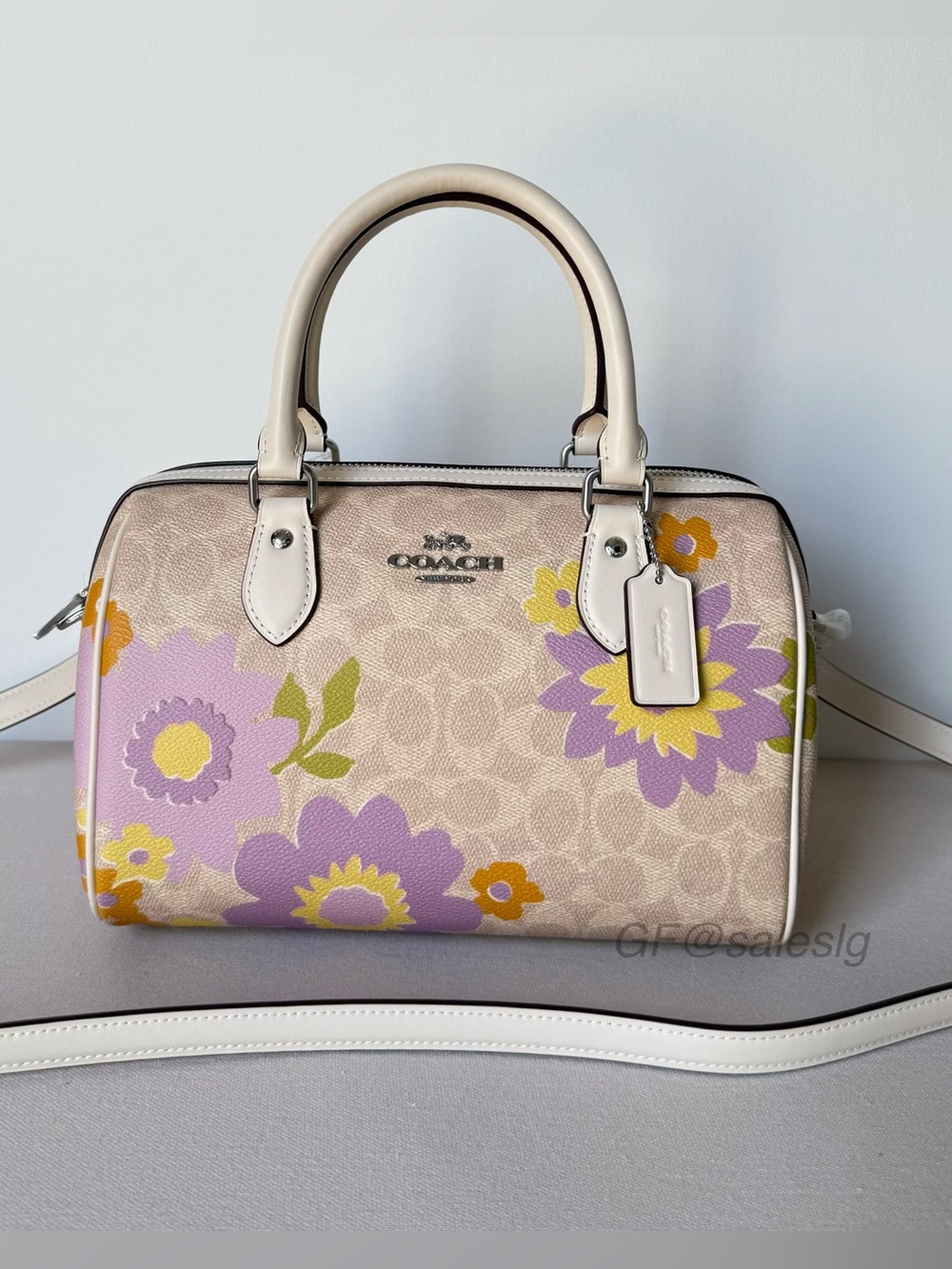 NWT Coach Rowan Satchel Bag In Signature Floral Print Silver/Purple CBG72